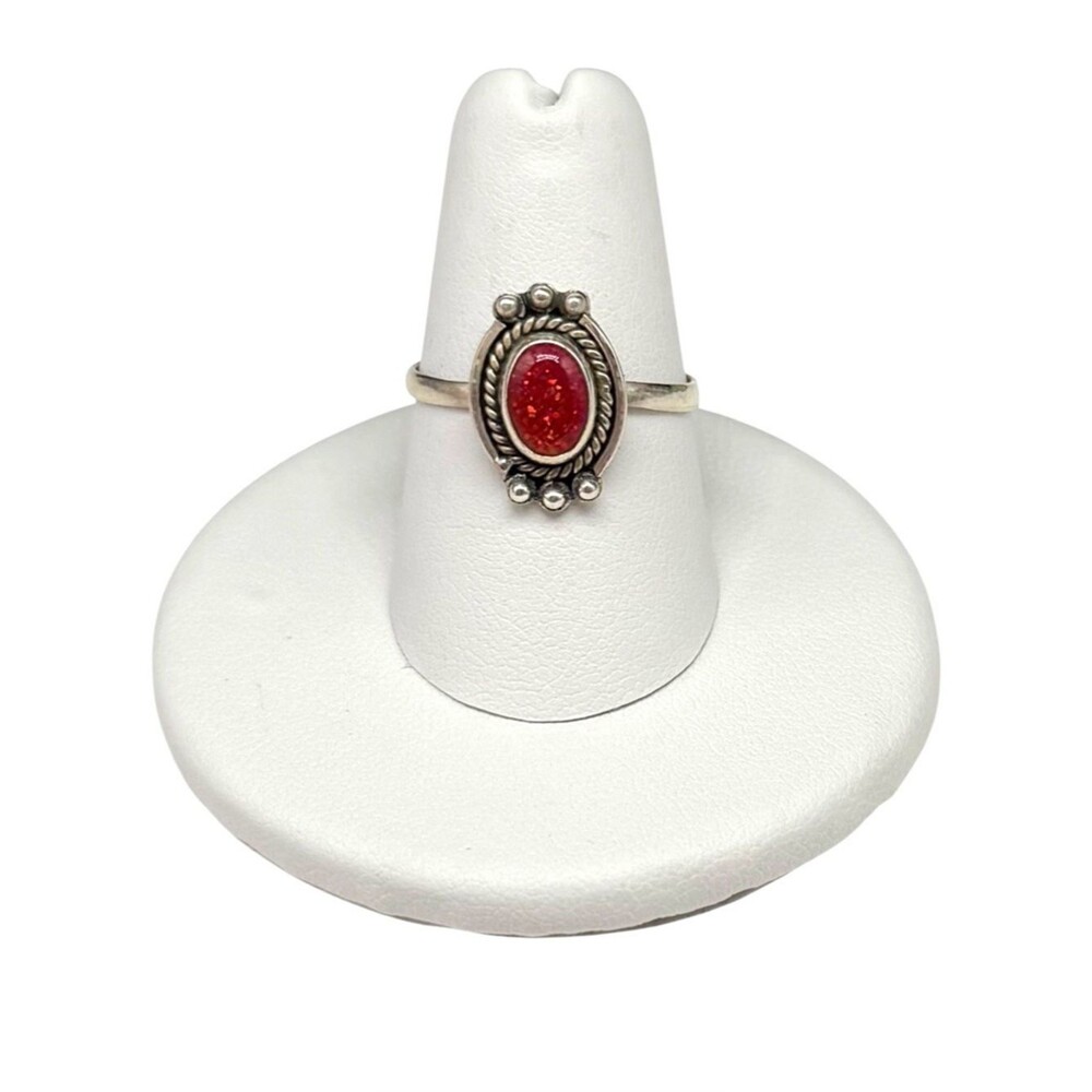 Australian Fire Opal Ring Size 7.5 Solid 925 Sterling Silver Red Orange